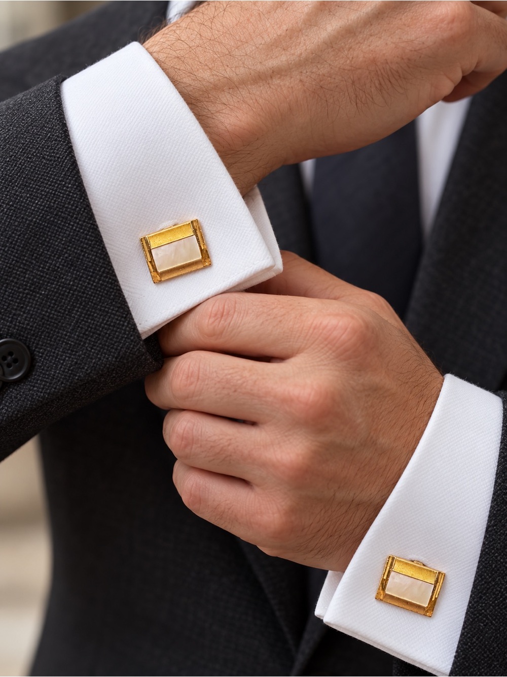 Vintage Art Deco Old Money Gold Tone Pearlescent Cufflinks Boxed Mens Dresswear